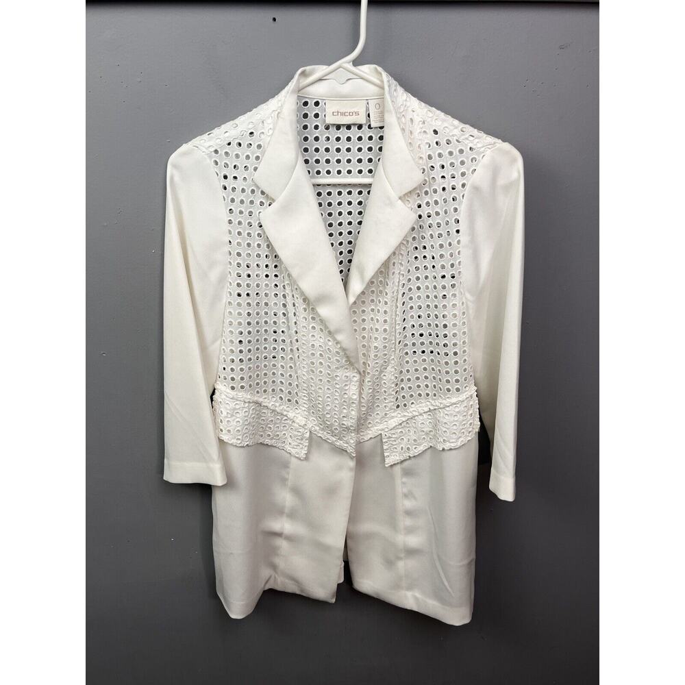 Chico's Jacket Womens Small (0) Eyelet Antique White 3/4 Sleeve Lightweight